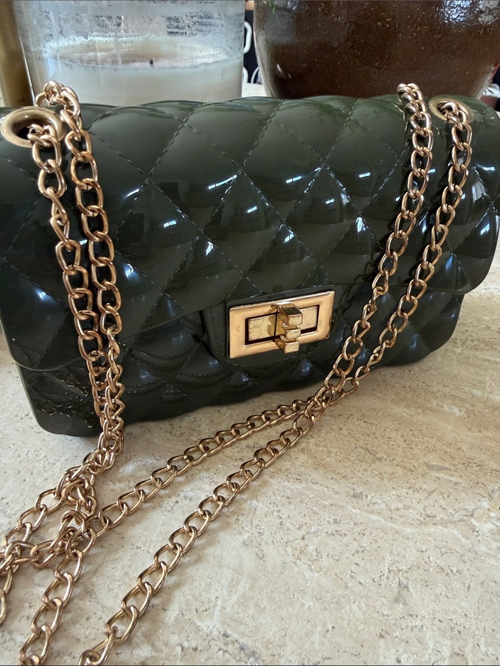 Quilted Olive Green Jelly Crossbody Bag Purse Gold-tone Chain Turn-lock Flap